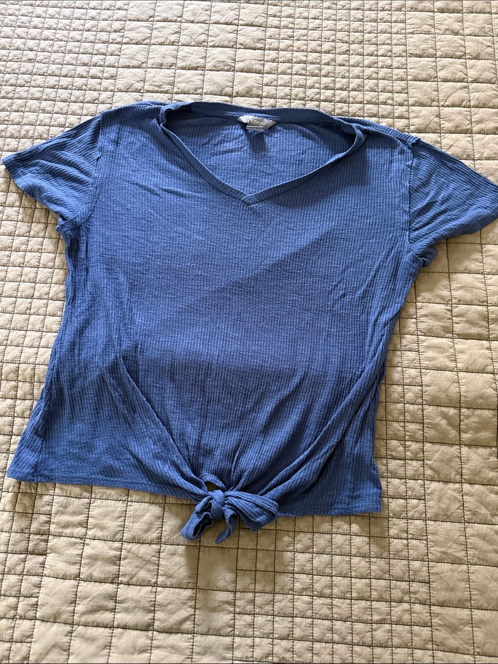Natural Reflections Blue Knot-Front V-Neck Ribbed Tee